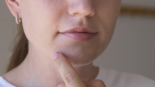 Woman placing hydrocolloid acne patch on chin pimple during skincare routine at home. Concept of fast acne healing, spot treatment and modern dermatology beauty products.