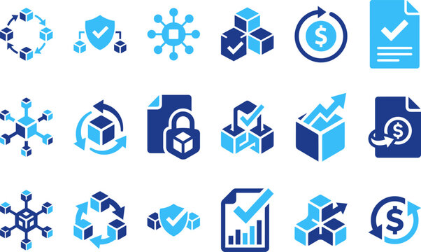 Blockchain technology icons collection for secure digital data and financial transactions secure distributed network data blocks.