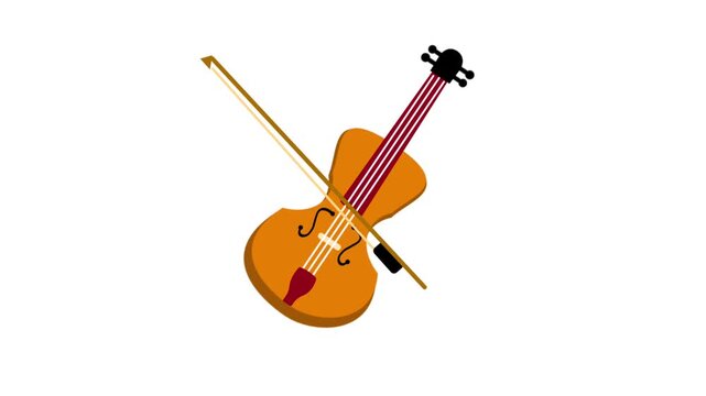 Flat animation of a violin instrument playing music with a bow, isolated on a white background and changing to a green screen.