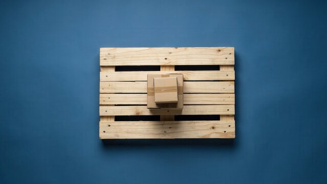 A wooden mug rests on a pallet against a blue wall indoors.