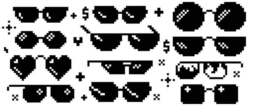 Y2K pixel eyewear mega pack. Classic sunglasses, round frames, heart glasses. Retro 8-bit eyeglasses styles. Trendy sticker collection for gaming, avatars, social media, webcore, digital design design