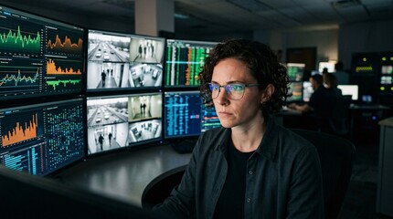 Fototapeta premium Skilled analytical professional staring intensely at massive multi-monitor dashboards displaying neon green and orange data graphs.