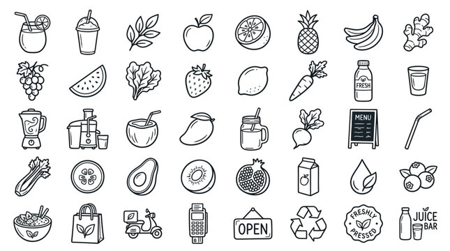 Collection of hand-drawn icons representing healthy food, drinks, and lifestyle elements.