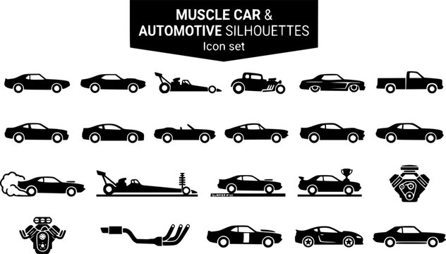 Muscle Car Automotive Silhouette Icon Set Muscle Car Profile Dragster Hot Rod Lowrider Pickup Truck Sports Coupe Convertible Classic Generic Burnout Drag Racing V8 Engine 20 Icons Editable Strokes 