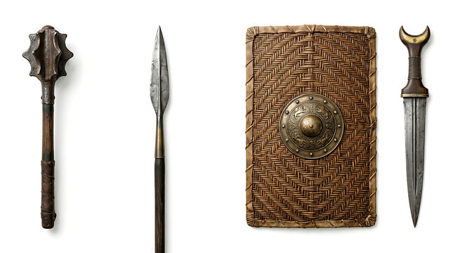 Set of Ancient Medieval Combat Weapons Including a Shield Mace Spear and Dagger
