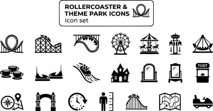 Rollercoaster Theme Park Silhouette Icon Set Loop Wooden Inverted Coaster Ferris Wheel Carousel Drop Tower Swinging Ship Teacups Bumper Cars Log Flume Haunted House Ticket Booth 20 Icons Editable