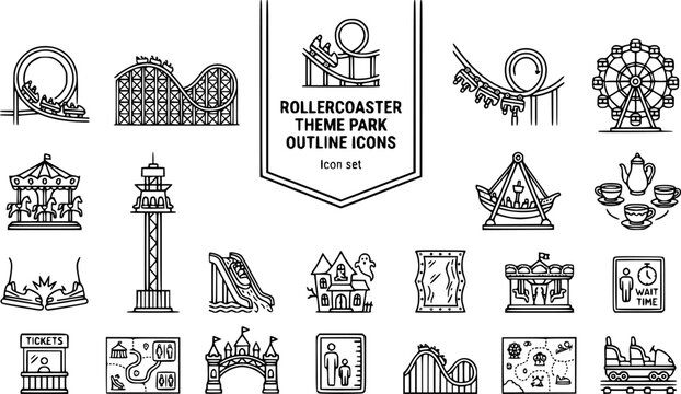 Rollercoaster Theme Park Outline Icon Set Loop Wooden Inverted Ferris Wheel Carousel Drop Tower Swinging Ship Teacups Bumper Cars Log Flume Haunted House Ticket Booth 20 Icons Editable Strokes Line 