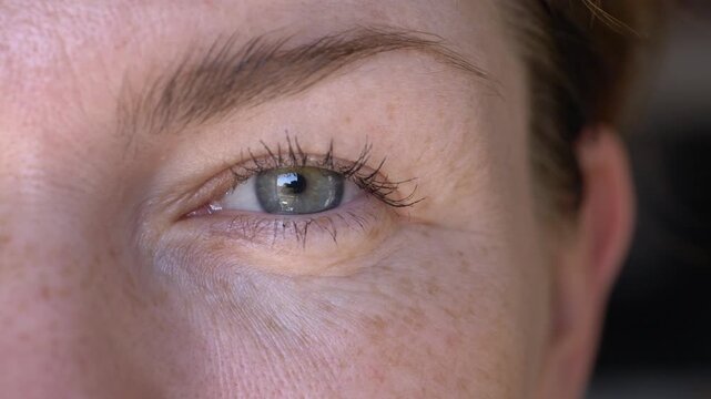 Closeup of mature woman checking fine lines and wrinkles around eyes showing aging skin concern in daily beauty routine. Footage for anti-age serum advertising, aesthetic clinic content, eye cream