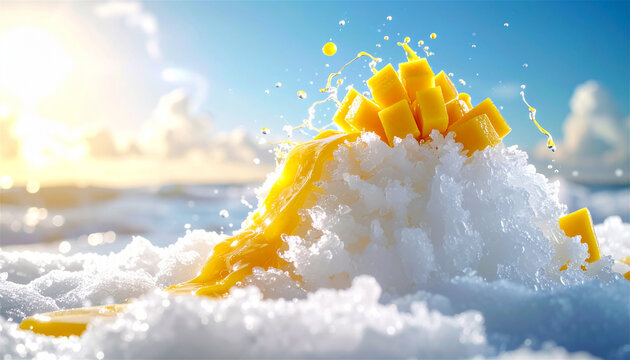 A bright and dynamic mango shaved ice for summer.