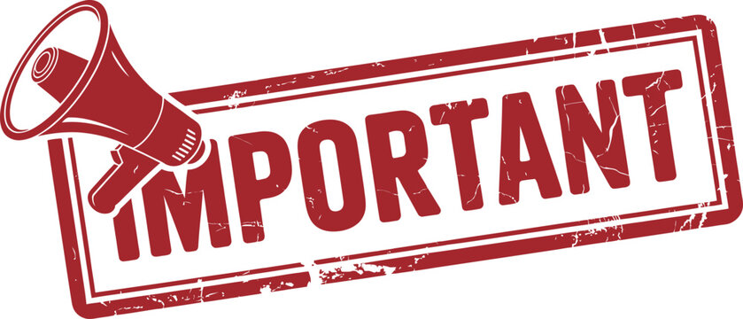 Important rubber stamp message with megaphone icon for announcement.