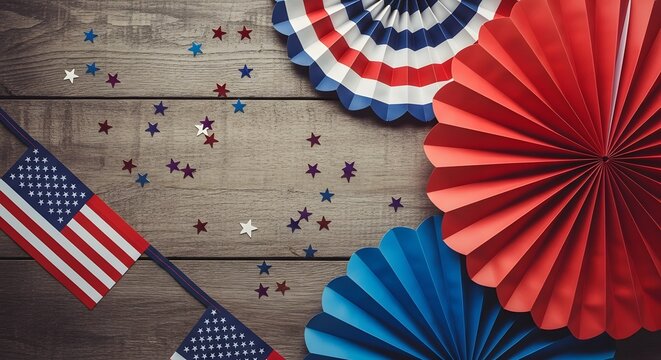Happy flag day american flags paper fans and patriotic star confetti on wood