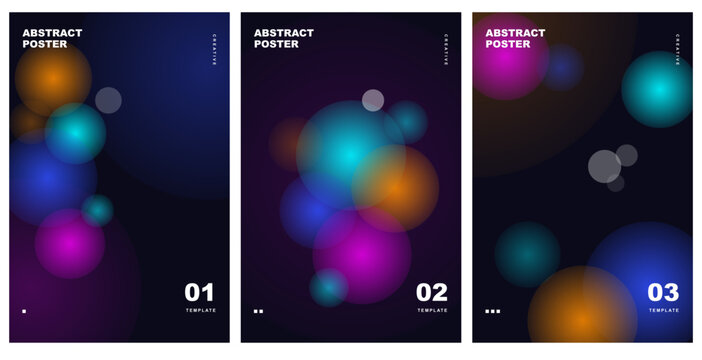 Abstract Posters Collection Vector with Floating Glowing 3D Spheres and Bubble Orbs on Dark Backgrounds