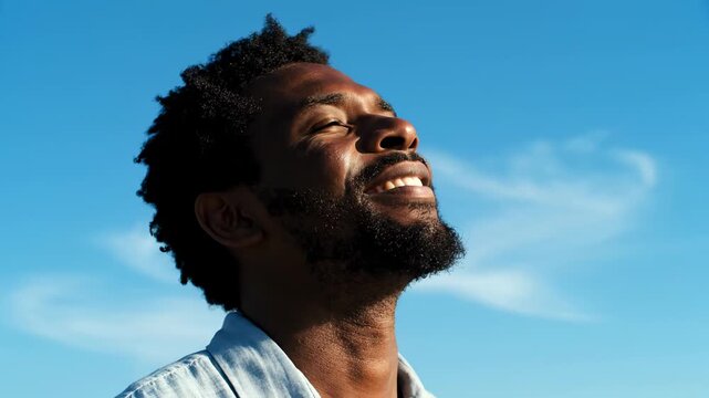 A smiling man looks up at the sky, filled with joy and happiness