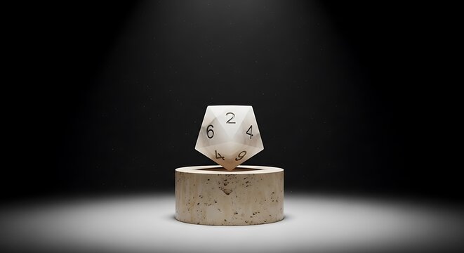 A high-quality studio close-up of a single 12 sided dice sitting on a textured stone pedestal under a dramatic spotlight in a dark conceptual setting.