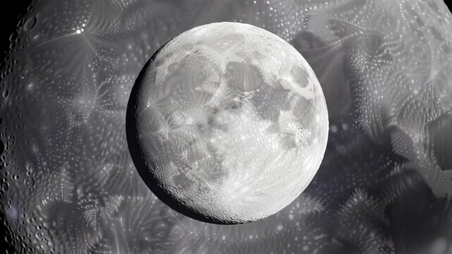 A grayscale image of the moon with a textured surface and a dark background with a subtle pattern