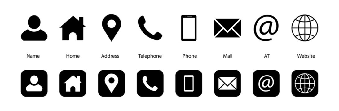 Contact icon set for website, resume, business card, cv , visiting card. Contact and Communication Icons Collection.