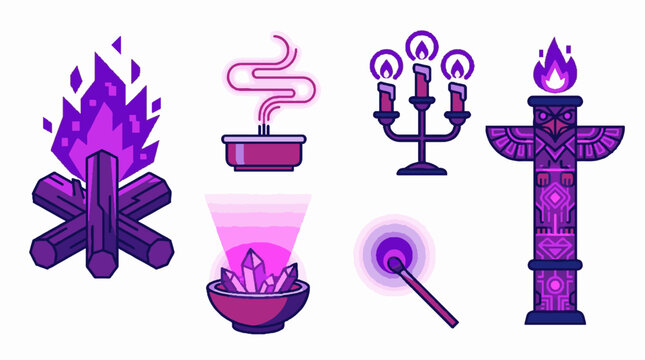 Set of mystical and magical icons featuring a campfire incense burner candelabra totem pole crystal bowl and magic wand in a flat vector style