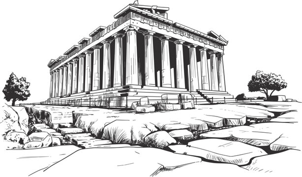 Ancient Greek temple sketch illustration, classical architecture landmark vector design for historic heritage themes