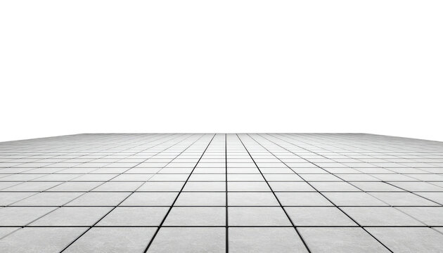 A vast expanse of light gray square tiles receding into a bright white sky