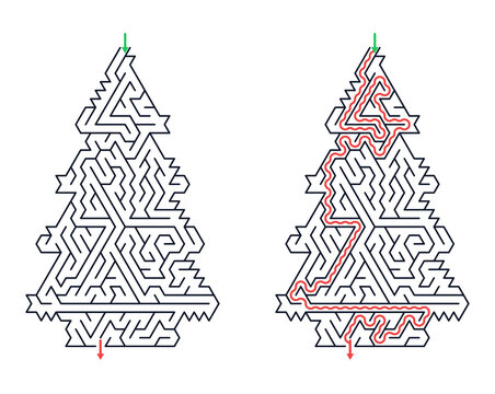 Christmas tree maze printable sheet with solution for kids holiday activity and educational logic puzzle game to develop problem solving skills during festive winter season