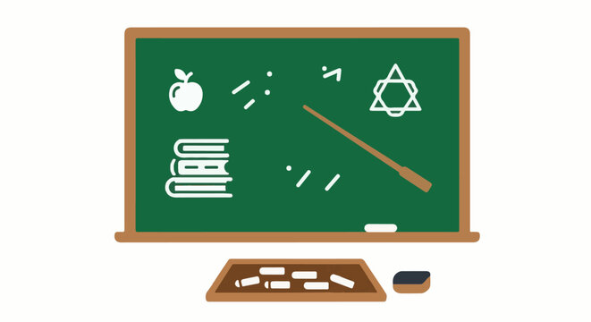 A green chalkboard with white drawings of an apple, books, a Star of David, and scattered lines, with a pointer
