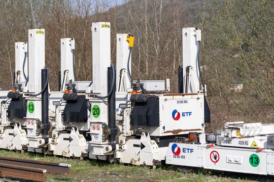Onville, France - March 15th 2026 : View on white track and turnout solutions PEM 807 and LEM 460 on a railway construction site for the replacement of switches in a station.