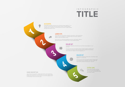 Five Step Vertical Wavy Ribbon Infographic Template with Icons