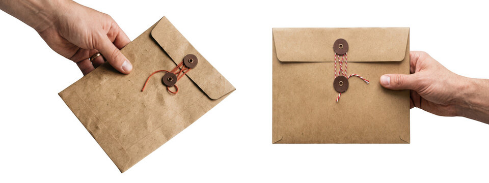 Hands holding a brown paper envelope with a string and button closure isolated on transparent background
