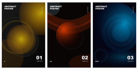 Abstract Poster Vector Template Set with Glowing Cosmic Orbs and Planetary Rings on Dark Background for SciFi Covers © Unique Box