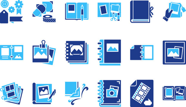 Scrapbooking and album design icon set featuring photos memories memories frames memories layouts and creative tools.