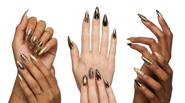 Closeup of hands with elegant stiletto nails featuring gold and black intricate designs isolated on transparent background