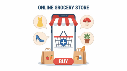 Naklejka premium Flat lay of online grocery store icons with shopping bag and buy button on white background