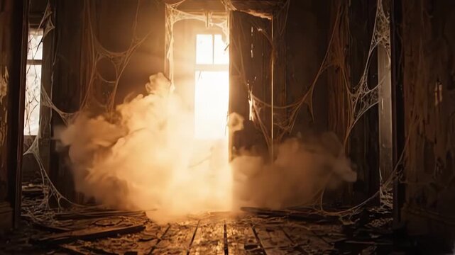 Ancient wooden door creaking open inside abandoned haunted house with cobwebs and mist