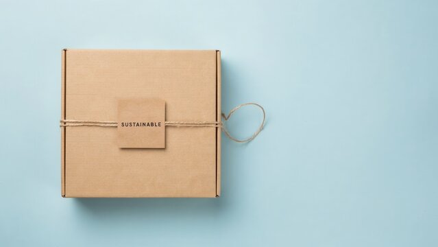 A brown cardboard box with a tag and string on a blue background