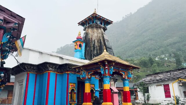 Close-up of the historic Omkareshwar Temple tower in Ukhimath, showcasing traditional Himalayan temple architecture and spiritual significance in Uttarakhand, India.