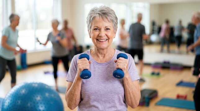 Active Senior Fitness Class: A smiling senior woman confidently lifts dumbbells in a bright fitness studio, surrounded by other active seniors participating in a group exercise class.