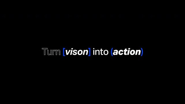 Kinetic typography Turn vision into action with blue bracket highlights, transparent alpha channel, bold text animation for leadership and corporate brand content 16:9