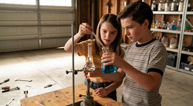 Young boy and girl wearing safety goggles doing chemistry experiments in a converted home garage lab.