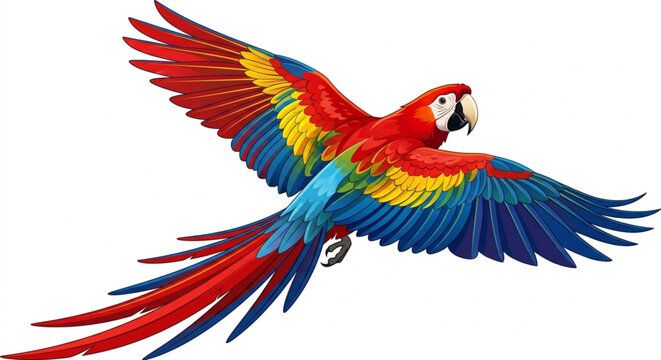 scarlet macaw parrot flying isolated on white background