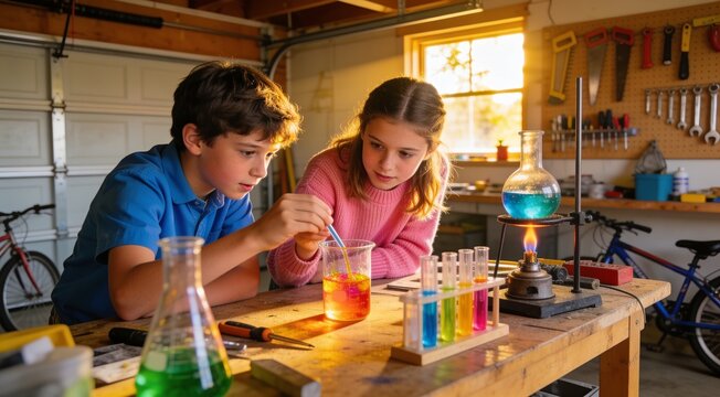 Kids performing science experiments in a garage lab setup, mixing colorful liquids in test tubes.