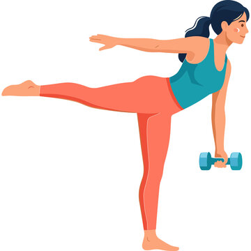 Woman performs one-legged stance exercise with dumbbell in gym