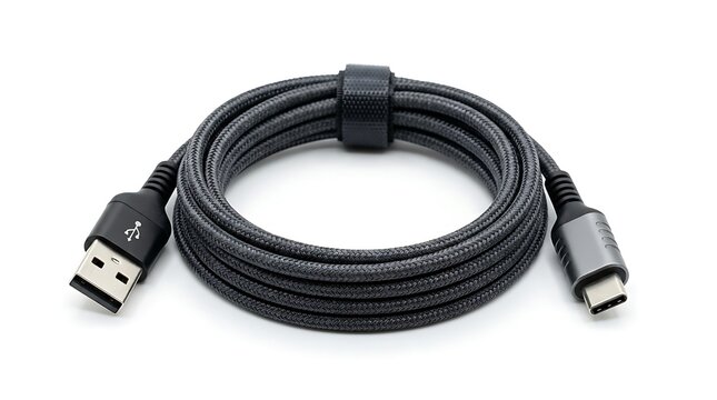 Usba to usbc charging cable with braided nylon cord and velcro strap isolated on white background