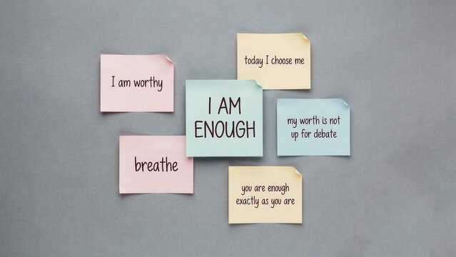 Inspirational sticky notes with affirmations arranged on a surface