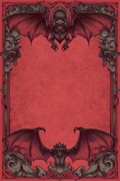 Gothic frame with detailed bats and skulls on red aged background