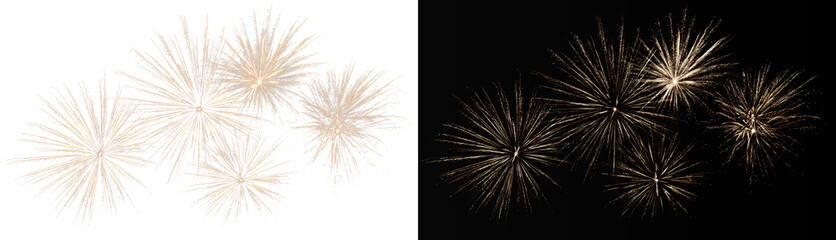 Abstract fireworks trails on white and black background, realistic golden salute rocket launch or sparks texture © Maxim