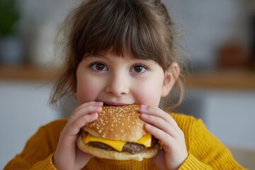 Naklejka premium Little girl wearing yellow sweater eating a cheeseburger indoors