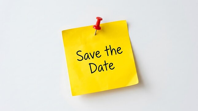 Yellow sticky note with the text save the date pinned on a white background