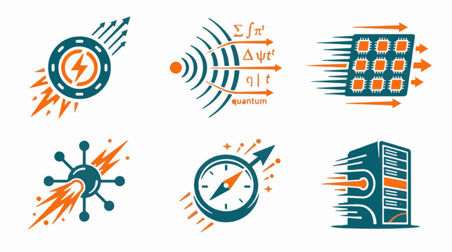Set of six flat vector icons representing technology and science concepts including energy power quantum physics computer chips and data processing