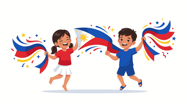 A handsome young Filipino man and woman in formal attire running with Philippine flags