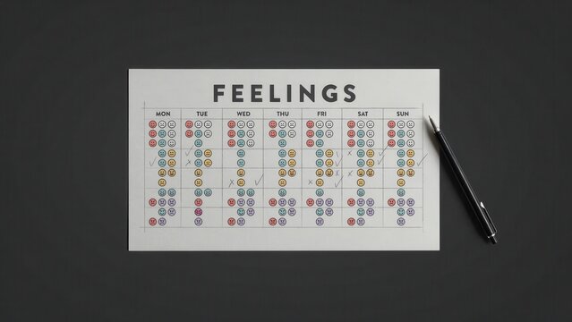 A poster with various colorful dots and a pen on a dark surface displays feelings.